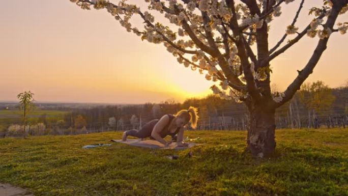 DS女人在日落时在大自然中锻炼