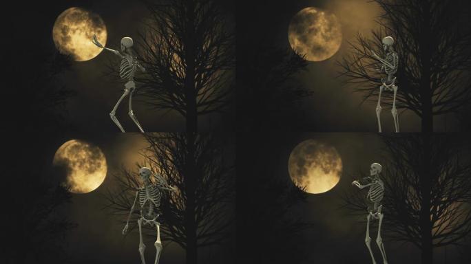 背景上的3d骨架满月夜空。月光。云和月亮，美丽的夜间幽灵般的无缝循环背景