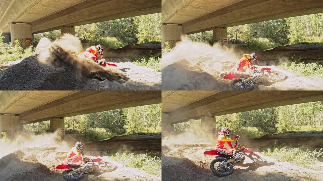 MS摩托车越野赛骑手滑行，在泥泞的路线上从自行车上摔下来