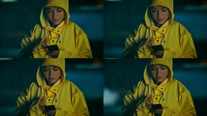 穿着黄色雨衣的美丽集中的年轻女孩正在雨中使用智能手机。天气多雨，现在是晚上。