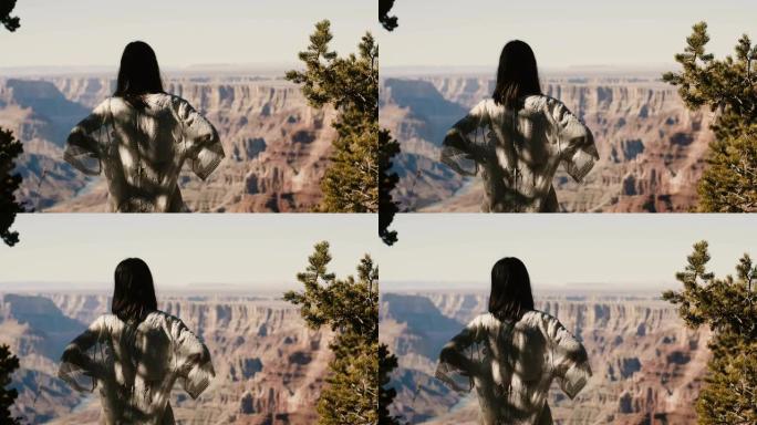 后视图年轻快乐兴奋的女人站在令人惊叹的沙漠观察点，观看令人难以置信的大峡谷风景。