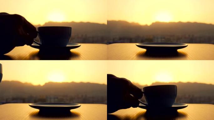 喝一杯咖啡休闲时刻夕阳景色特写实拍