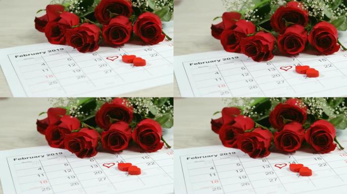 日历上的一束红玫瑰显示2月14日4k