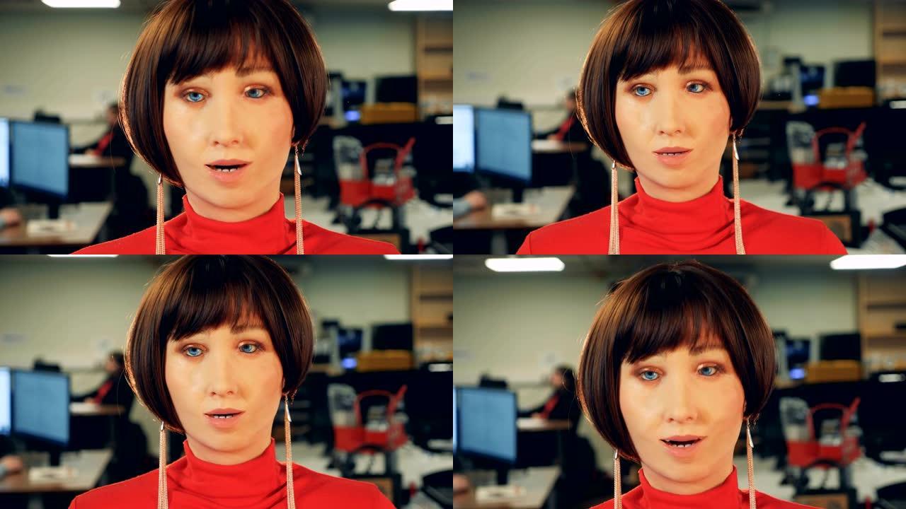 女性半机械人边说话边移动脸，特写。
