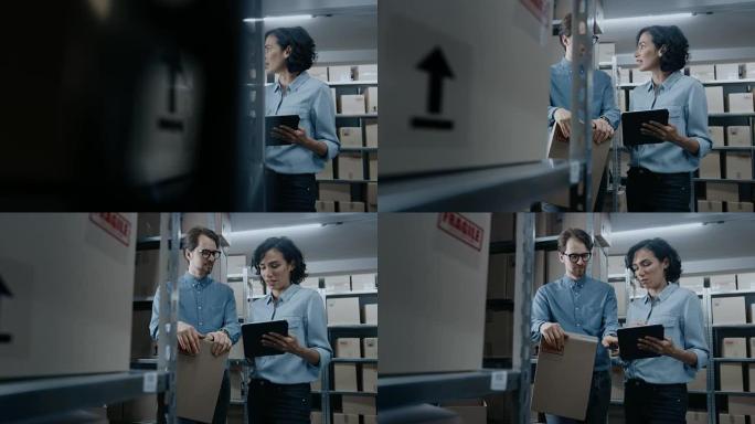 女性库存经理向拿着纸板箱的工人展示数字平板电脑信息，他们交谈并做工作。在背景库存的包裹，产品准备装运