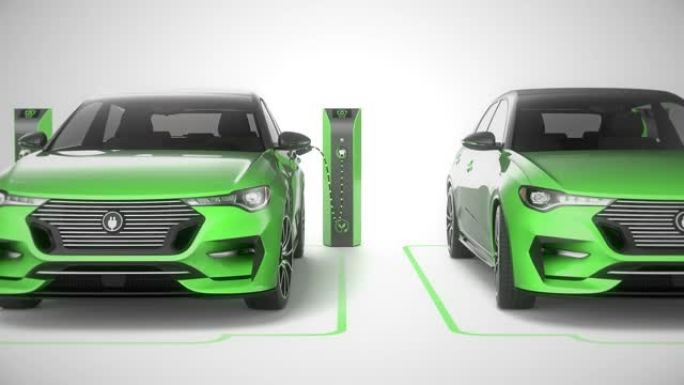 一排绿色现代电动自动驾驶汽车充电。无缝循环前沿。4K
