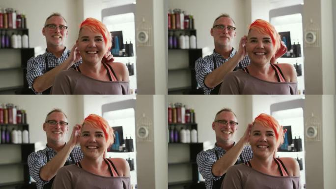 前视图美发师向女人展示她的头发