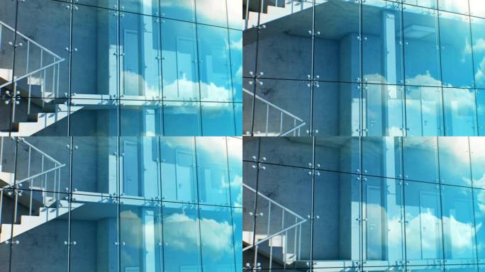 美丽的抽象现代建筑立面，天空和云反映无缝。摩天大楼外部和内部的循环3d动画。