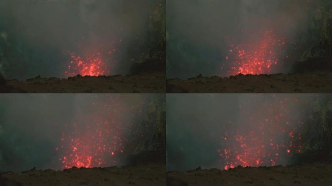 超慢动作: 西西里岛的活火山散发出浓烟和热岩浆。