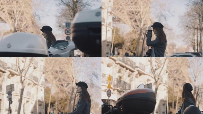快乐优雅的当地艺术家女人沿着史诗埃菲尔铁塔慢动作附近阳光明媚的巴黎街散步的电影轨迹。