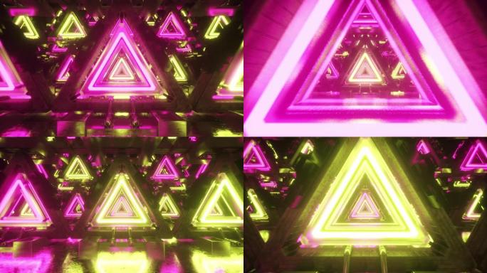 抽象飞行在三角形的金属未来走廊，无缝循环4k背景，荧光紫外线，激光霓虹灯线，几何无尽隧道，黄色粉色光
