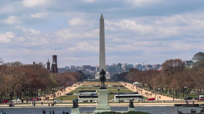 4K时间推移的华盛顿纪念碑在国家广场反射池和林肯纪念堂从美国首都华盛顿，美国，建筑和吸引力概念