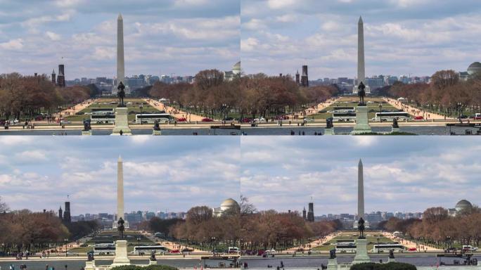 4K时间推移的华盛顿纪念碑在国家广场反射池和林肯纪念堂从美国首都华盛顿，美国，建筑和吸引力概念