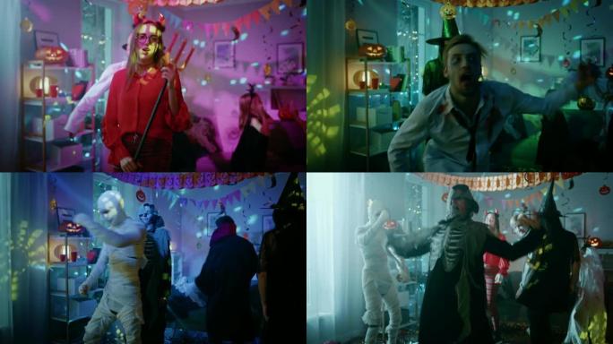 万圣节服装派对: 一群怪物在装饰有迪斯科灯光的房间里一个接一个地跳舞。脑死亡僵尸，吸血鬼德古拉，木乃