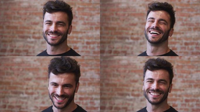 微笑的西班牙裔男子站在咖啡店的砖墙上的头和肩膀肖像