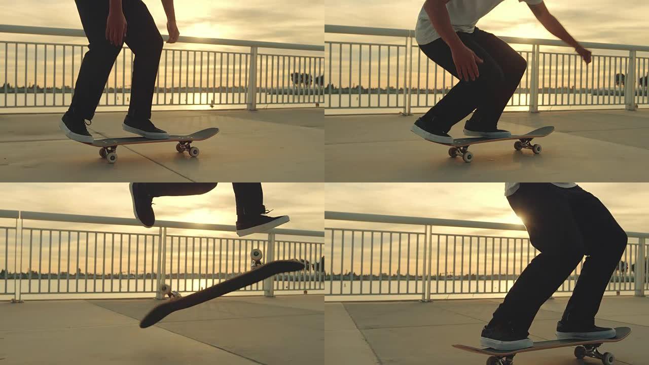 滑板手在日落时用镜头耀斑做极端翻转把戏