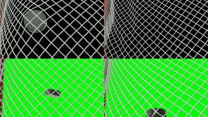 特写目标时刻。冰球在黑底绿屏上以慢动作飞入盖茨网格。美丽的3d动画与阿尔法哑光。运动概念。
