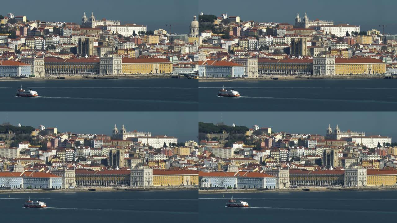 葡萄牙里斯本。从塔霍河到堤岸的景色。全景拍摄。4K, UHD