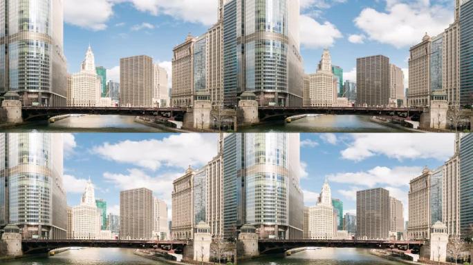 延时: 美国伊利诺伊州沃尔夫角附近芝加哥河市中心的芝加哥天际线建筑