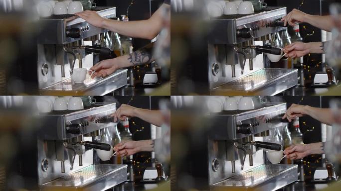 咖啡机上的纹身咖啡师酿造美式咖啡