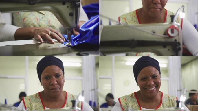 在工厂使用缝纫机的女人的特写镜头