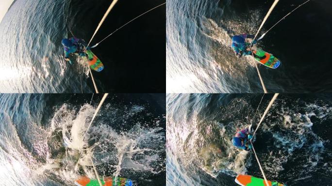男性风筝冲浪者从板上掉下来的俯视图