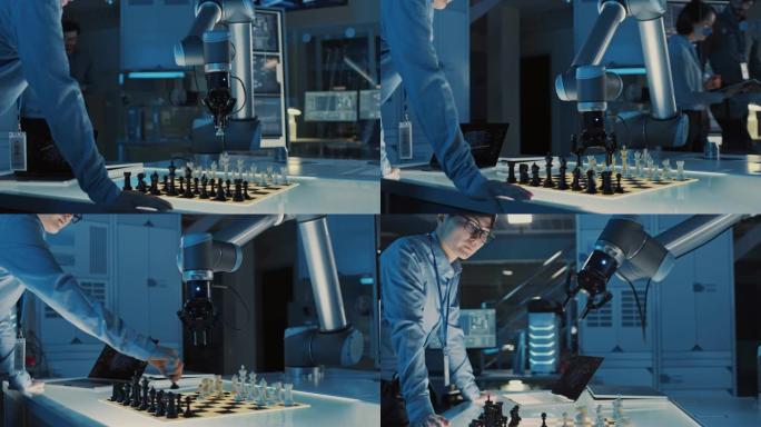 专业的日本开发工程师正在通过使用未来派机械臂下棋来测试人工智能界面。他们在一个高科技的现代研究实验室
