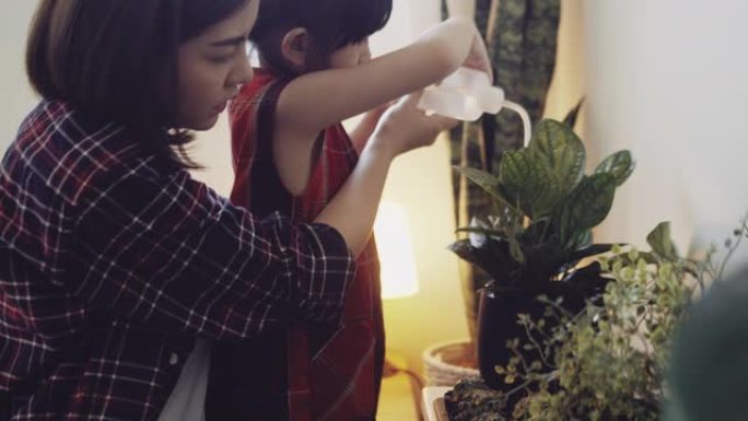 时髦的母亲和女儿照顾植物