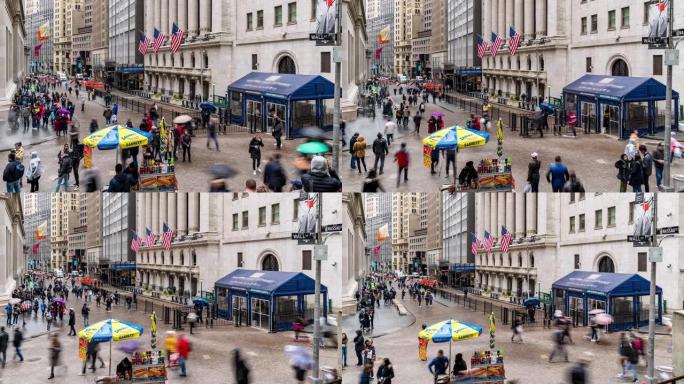 延时: 旅游商人和工人行人在美国华尔街纽约证券交易所大楼拥挤