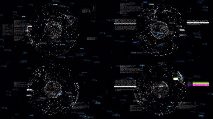 美丽的全球商业网络在太空无缝旋转。带有不断变化的数字和文本的抽象网格球体的循环3d动画。科学概念。
