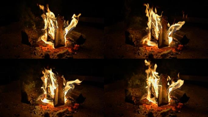 夜晚篝火的火焰。壁炉里着火了。慢动作镜头