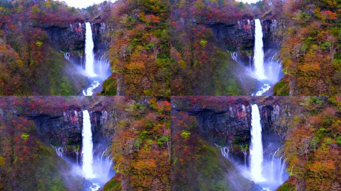 日本Tochigi日光的Kegon瀑布和秋叶的鸟瞰图