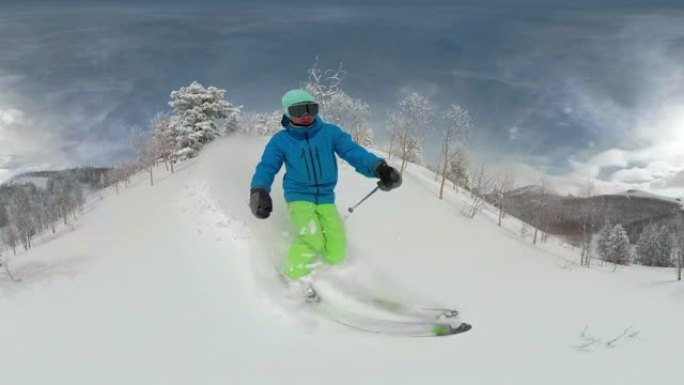 VR 360: 年轻人在新鲜的粉末雪中学习滑雪滑雪。