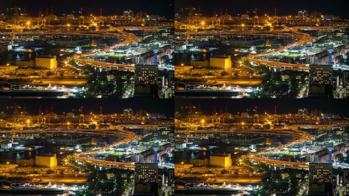 延时: 横滨市夜间高速公路的鸟瞰图