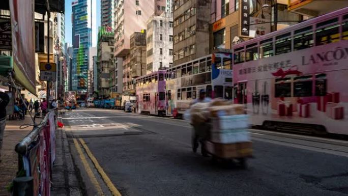 延时: 香港市中心上环西市海鲜干货和补品美食街的行人和运输背景