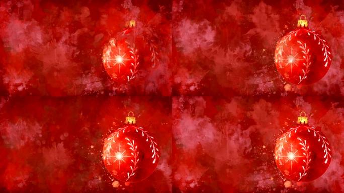 水彩圣诞装饰红球在彩色斑点的背面。