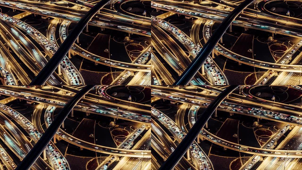 阿联酋迪拜夜间立交桥、地铁和城市交通的T/L全景