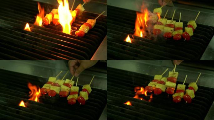烤肉串在开放式烧烤厨房烧烤。