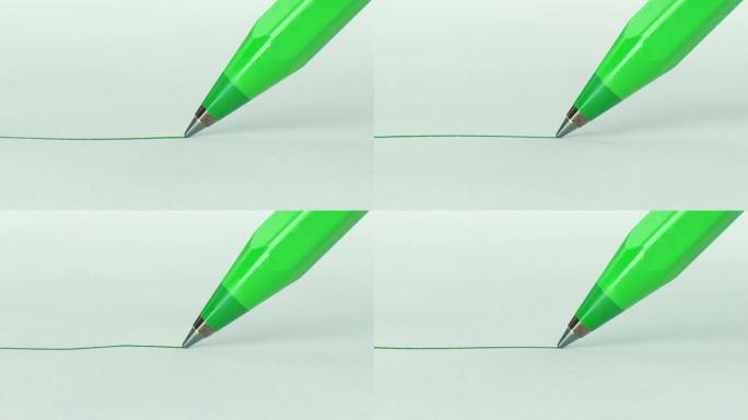 漂亮的绿色钢笔在纸上画线特写。循环3d动画。抽象的写作和绘画过程。商业和设计理念。