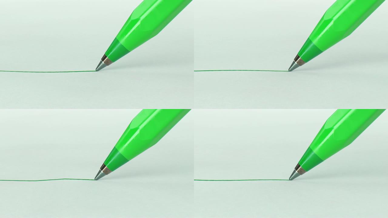 漂亮的绿色钢笔在纸上画线特写。循环3d动画。抽象的写作和绘画过程。商业和设计理念。
