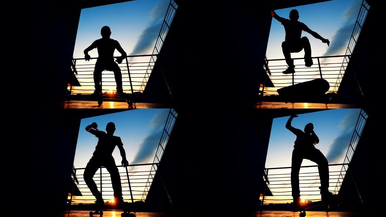 滑板手在日落背景上跳跃，慢动作。