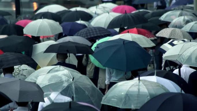 日本商人上午上班打伞下雨天