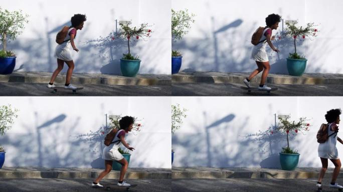 混血女子在街上骑滑板