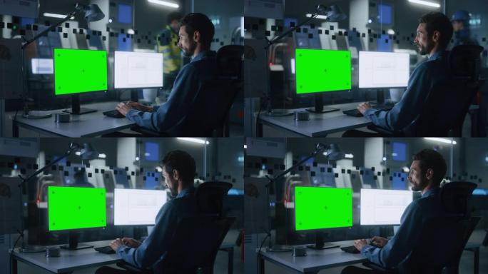 工程师在计算机上工作，两个监视器屏幕显示色度键/绿色屏幕和电子表格软件显示。现代高科技工业4.0电子