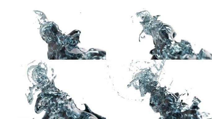 旋转涡旋torado的水飞溅液体在孤立的白色背景上有反射和旋转流，液体的表面来自水的结晶性质。3d渲