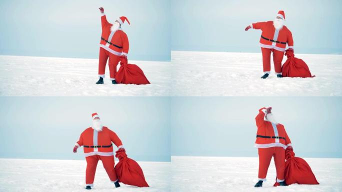 圣诞老人手里拿着包走路，特写镜头。