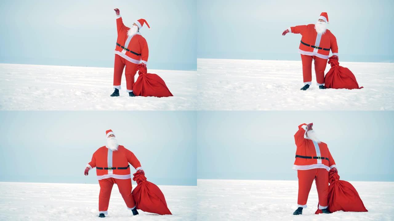 圣诞老人手里拿着包走路，特写镜头。