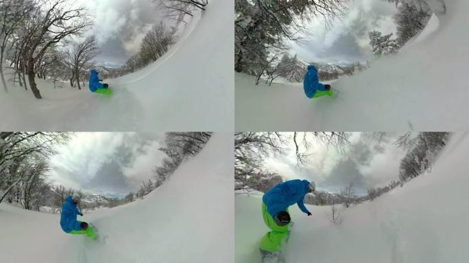 VR 360: 极端滑雪板切碎阿尔卑斯山未触及的粉末雪。