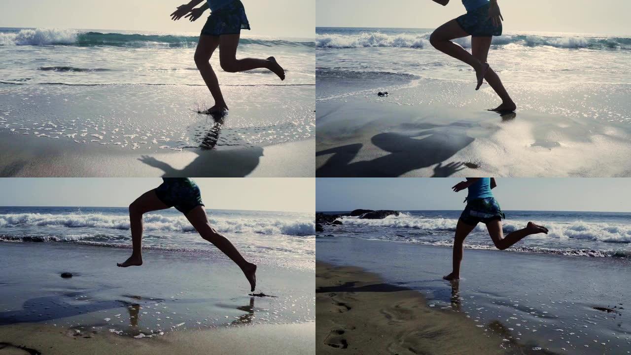 享受大海的年轻女子。玩波浪。跳跃