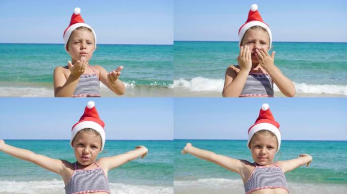 一个小女孩穿着圣诞老人的帽子，穿着泳衣，戴着墨镜，海蓝色的海水背景，在海上玩耍。